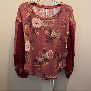 Free‎ People Flower Patch Waffle Knit Top Small Red Oversized Boxy Boho
